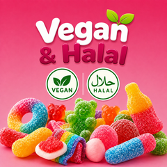 Assorted colorful gummy candies with sugar coating, including fruit and soda bottle shapes.