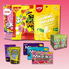 Assortment of American candy packs including Skittles, Sour Patch, and gummy sweets on pink background.