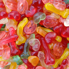 Colorful gummy candy mix with playful adult shapes and assorted fruity flavors