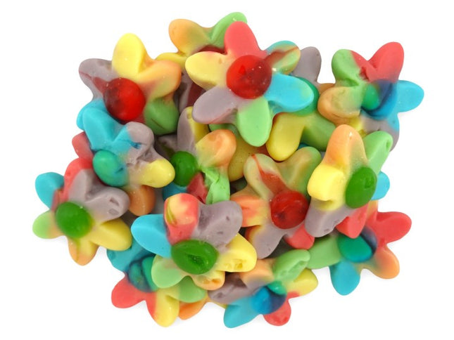 Colorful jelly rainbow flowers from Mijn winkel arranged in a vibrant display, showcasing bright, translucent floral designs.