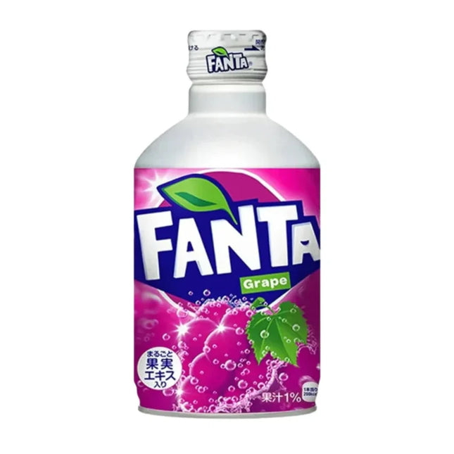 Fanta Grape Japan 300ml bottle with purple label and cap, showcasing the colorful fruit-flavored soda in a clear plastic bottle.