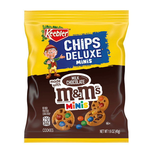 Mini M&M cookies in a 45g package from Mijn winkel, showing colorful chocolate-coated cookies on a white background.