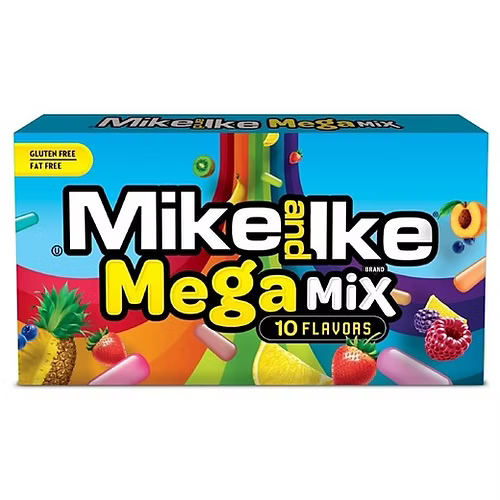Mike and Ike Mega Mix candy box featuring 10 flavors and assorted fruit illustrations