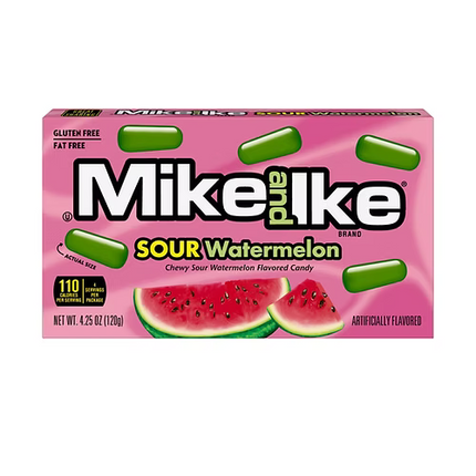 Box of Mike and Ike Sour Watermelon chewy candy with watermelon slices on pink background