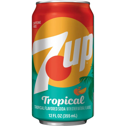Chilled 355ml bottle of 7Up Tropical soft drink with vibrant label, placed on a white background.