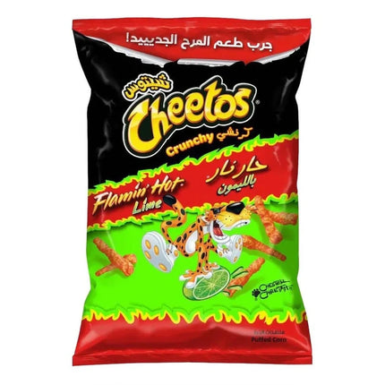 Cheetos Flamin Hot Lime snack bag from Mijn winkel featuring spicy cheese-flavored crunchy Cheetos with lime seasoning.