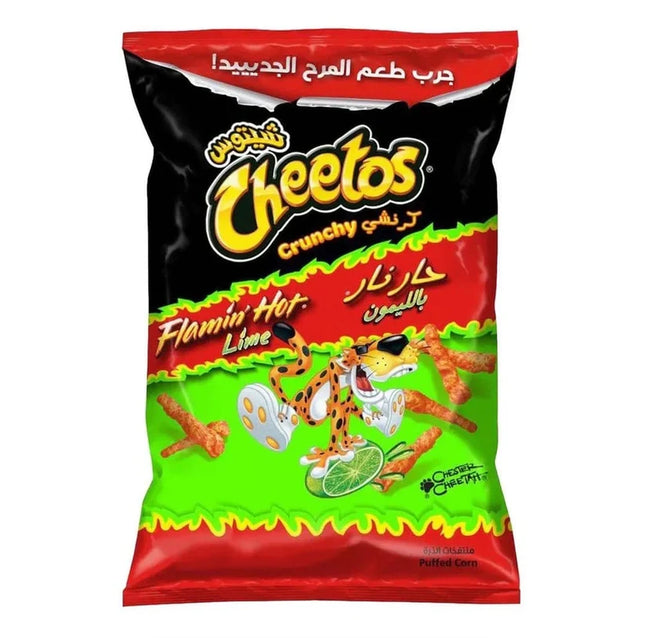 Cheetos Flamin Hot Lime snack bag from Mijn winkel featuring spicy cheese-flavored crunchy Cheetos with lime seasoning.