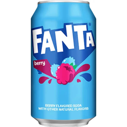 Fanta Berry soda can 355ml with blue design and berry graphic, berry flavored soft drink