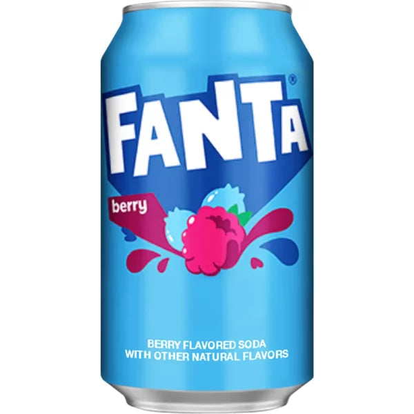Fanta Berry soda can 355ml with blue design and berry graphic, berry flavored soft drink