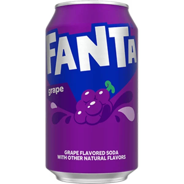 Fanta Grape 355ml can, purple design with grape soda and fruit graphics