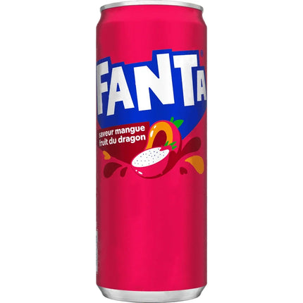 Fanta Mango & Dragonfruit 330ml bottle with bright orange and pink label, showcasing a tropical fruit flavor.