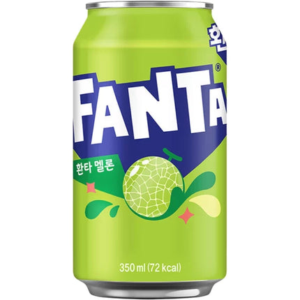Green can of Fanta Melon soda 350ml, featuring melon graphics and Korean text
