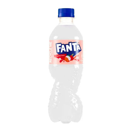 Fanta Lychee 500ml bottle from Mijn winkel featuring a vibrant label and clear plastic bottle with lychee-flavored soda inside.