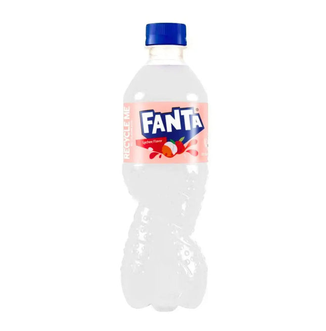 Fanta Lychee 500ml bottle from Mijn winkel featuring a vibrant label and clear plastic bottle with lychee-flavored soda inside.