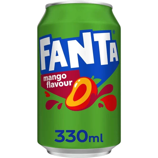 Fanta Mango 330ml bottle from Mijn winkel with bright orange label and clear plastic bottle containing mango-flavored soda.
