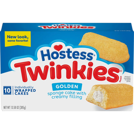 Golden Hostess Twinkies Original snack pack, 385g, showing a tray of soft, golden sponge cakes with creamy filling.