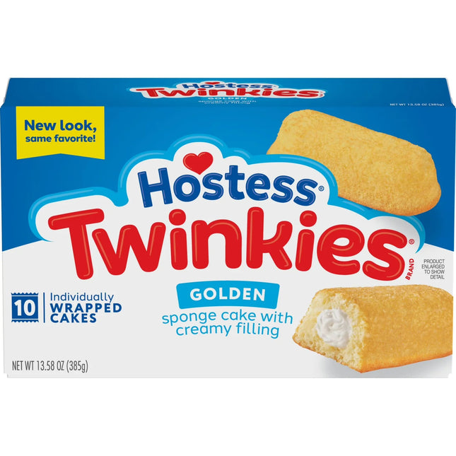 Golden Hostess Twinkies Original snack pack, 385g, showing a tray of soft, golden sponge cakes with creamy filling.