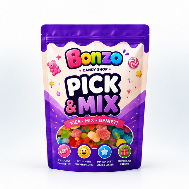 Vegan Pick & Mix Candy from Mijn Winkel with colorful assorted sweets in a clear container display.
