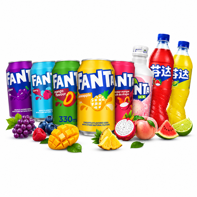 Assorted Fanta soda cans and bottles with fruit slices and berries, including grape, mango, pineapple, watermelon, peach, and lime.