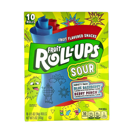 Sour Blue Razzberry Berry Punch Fruit Roll-Ups by Mijn winkel, 141g, showing colorful fruit snack rolls with blue and purple hues.