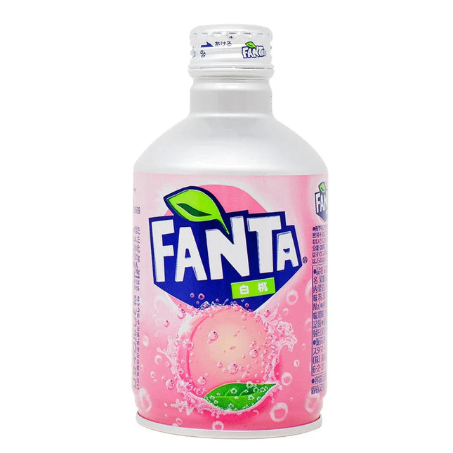 Fanta White Peach Japanese 300ml bottle with white peach flavor and vibrant label, shown in clear plastic bottle.