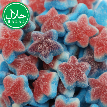 Halal star-shaped gummy candies in red, blue, and white with sugar coating