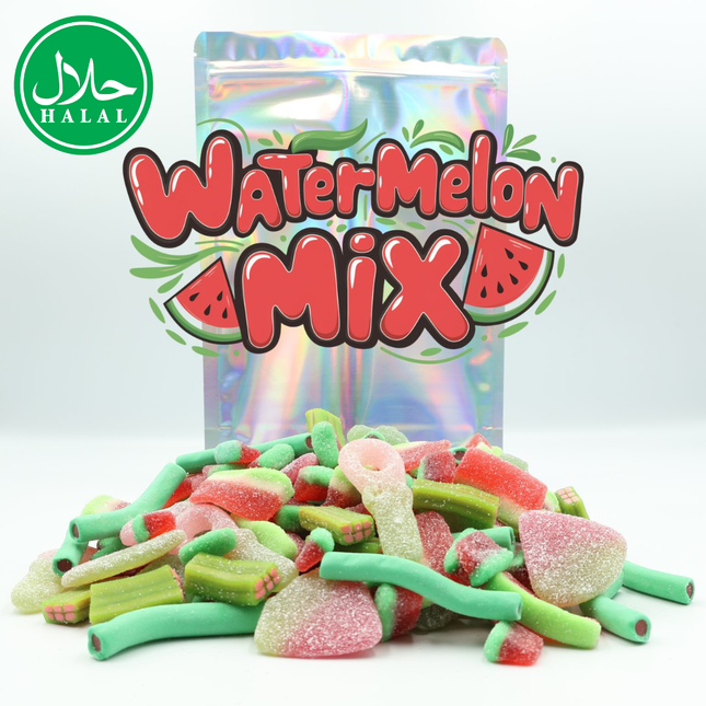 Halal watermelon mix candy assortment in front of shiny resealable bag