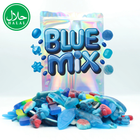 Assorted blue halal gummy candy mix in front of a colorful Blue Mix package.