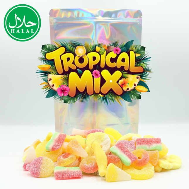 Halal tropical mix gummy candy assortment in front of holographic pouch with vibrant label