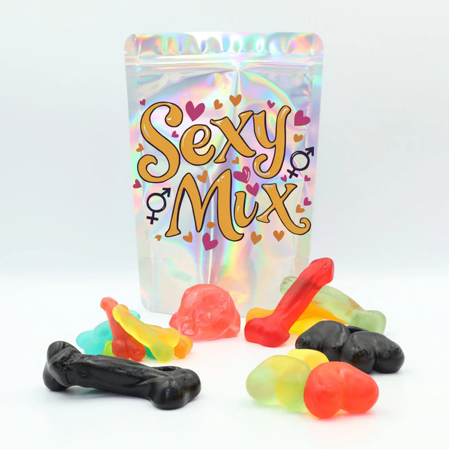 Holographic Sexy Mix bag with assorted fruit-flavored gummy candy in playful shapes