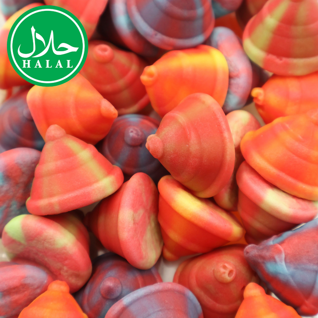Colorful spinning top-shaped halal gummy candies in vibrant red, yellow, and blue tones
