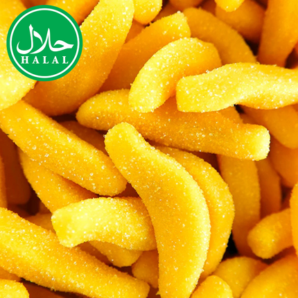 Halal yellow banana-shaped gummy candies with sugar coating, close-up view