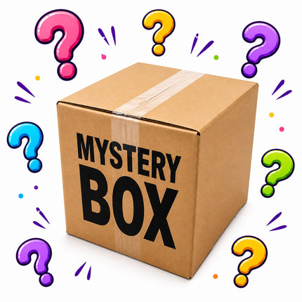 Mystery Box Plus from Mijn winkel showing a colorful assortment of surprise items inside the box.