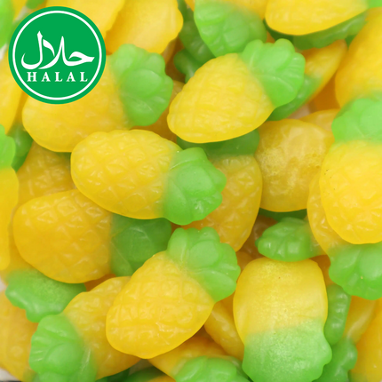 Halal pineapple-shaped gummy candy, yellow and green, close-up