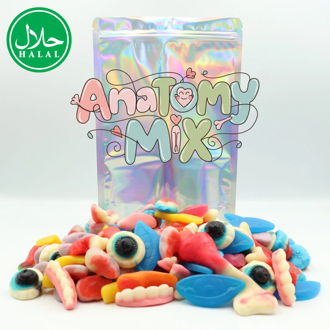Halal anatomy mix candy shaped like eyes, teeth, and tongues in front of a holographic bag.
