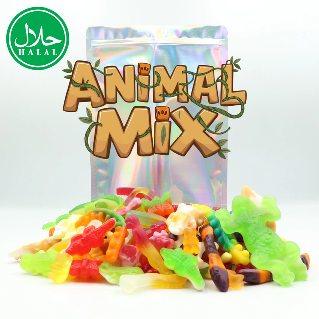 Assorted halal animal-shaped gummy candies in front of shiny Animal Mix packaging
