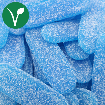 Blue sugar-coated vegan chewy candy tongues close-up