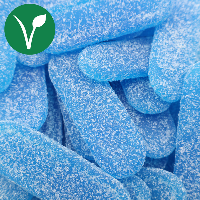 Blue sugar-coated vegan chewy candy tongues close-up