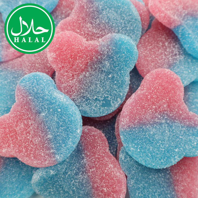 Halal pink and blue sugar-coated bear-shaped gummy candy close-up