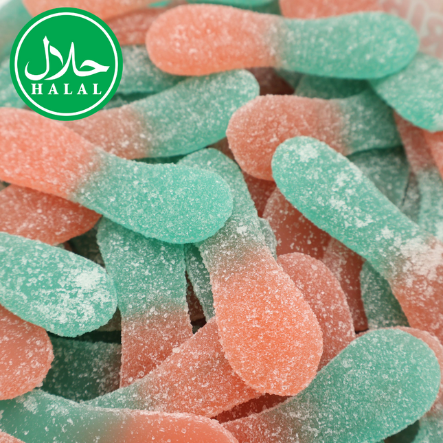 Halal-certified sour bubblegum tongen candy, pink and blue, covered in sugar