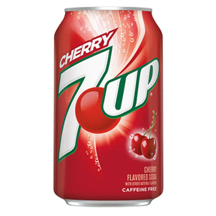 Chilled 355ml can of 7Up Cherry soda by Mijn winkel with vibrant cherry flavor branding and fresh fruit imagery