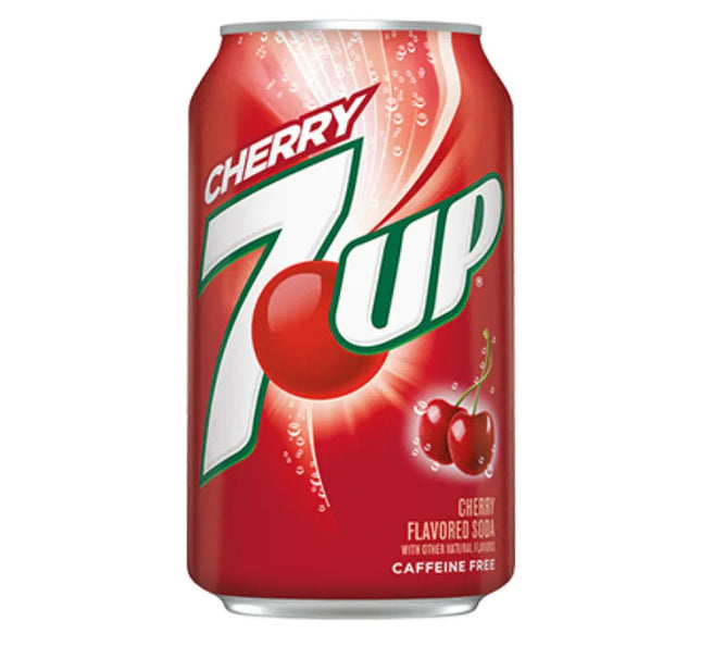 Chilled 355ml can of 7Up Cherry soda by Mijn winkel with vibrant cherry flavor branding and fresh fruit imagery