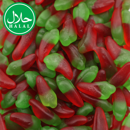 Halal gummy chili pepper candies in red and green colors, close-up view