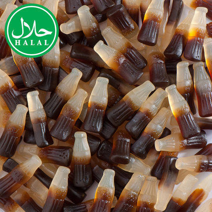Halal cola bottle gummy candies in brown and clear colors, close-up.