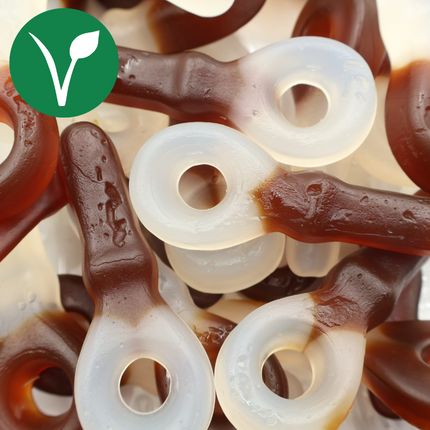 Vegan cola bottle gummies, soft brown and clear candy with plant-based symbol