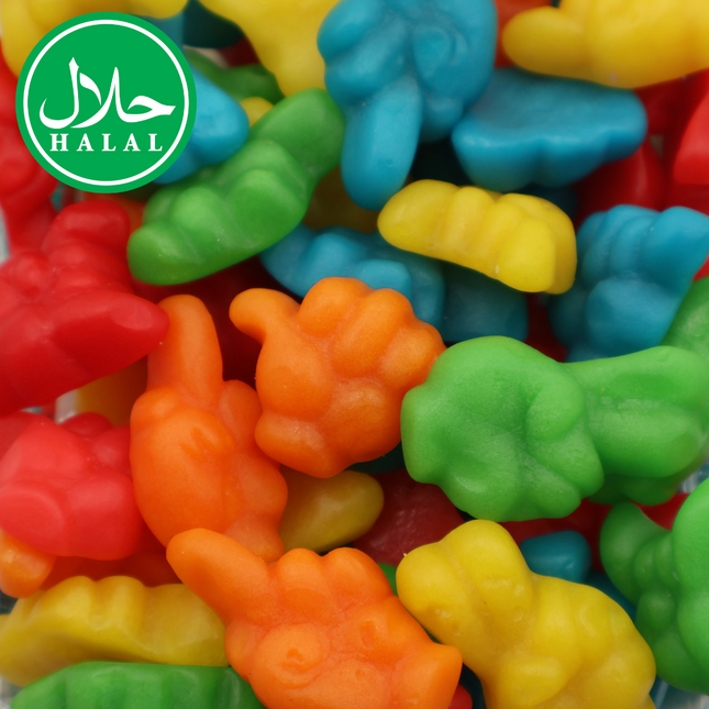 Colorful gummy candies shaped like hands with a green halal certification label.