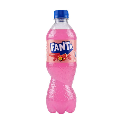 Fanta Passion Fruit Grape Fruit 500ml bottle with colorful label and transparent plastic container, showcasing the fizzy soda inside.