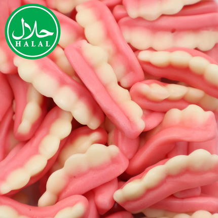 Pink and white gummy candy teeth with halal label, bulk chewy sweets