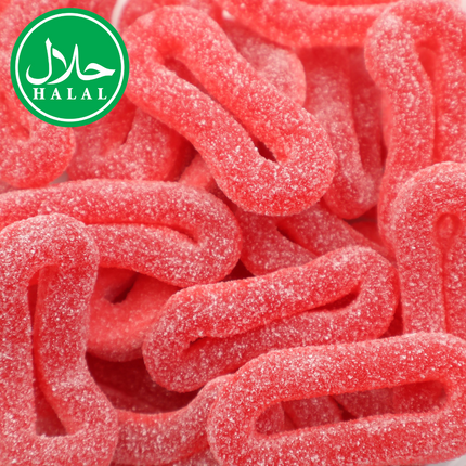 Sugared strawberry rings candy, pink, with halal label, close-up