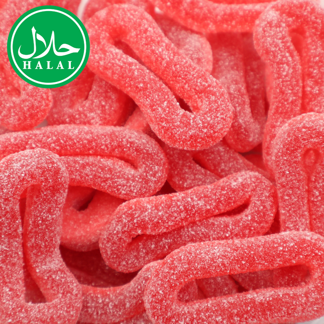 Sugared strawberry rings candy, pink, with halal label, close-up